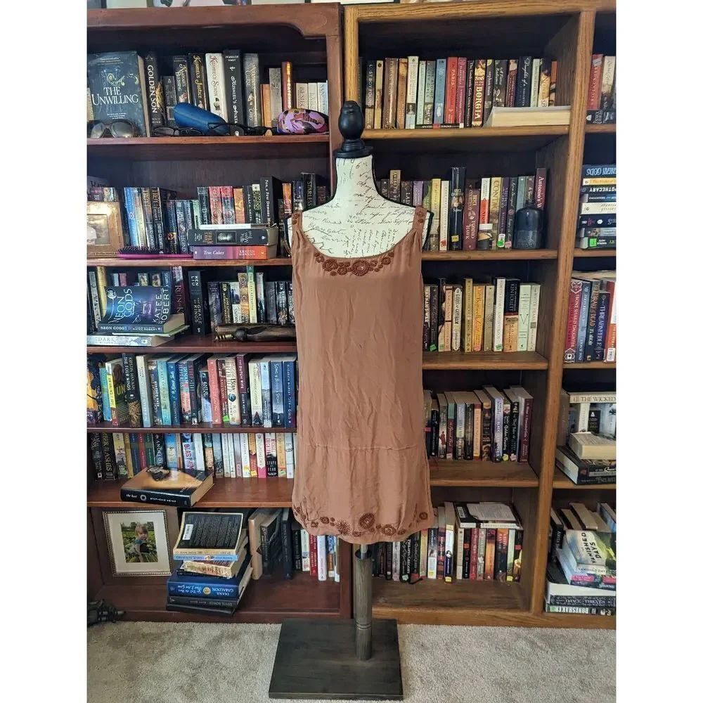 Gold hawk bronze beaded silk mini tank dress crisscross straps sz s euc
